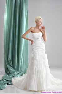 Pleated Sequined White Wedding Dress With Chapel Train