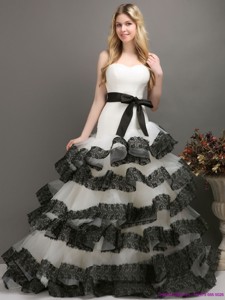 Sash And Lace Strapless Wedding Dress In White And Black