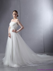 Luxurious Strapless A Line Wedding Dress With Lace And Ruching