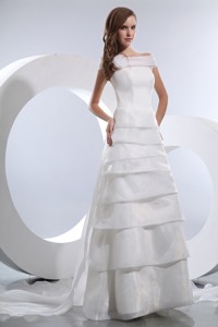 Simple Off The Shoulder Chapel Train Satin And Organza Hand Made Flower And Ruffled Layers