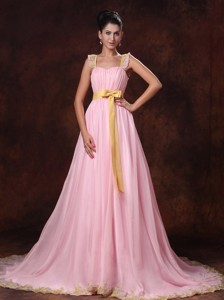 Pink Court Train Bowknot Chiffon Celebrity Prom Gowns Custom Made