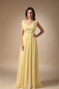 Yellow Empire V-neck Floor-length Beading Prom / Celebrity Dress