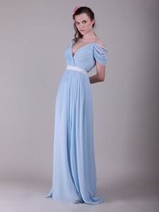 Exclusive Spaghetti Straps Light Blue Prom Dress With Ruching And Belt