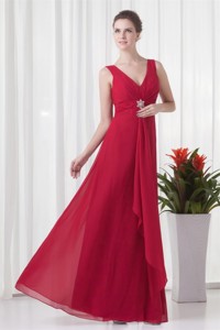 Cheap Empire V-neck Chiffon Red Beading Prom Dress