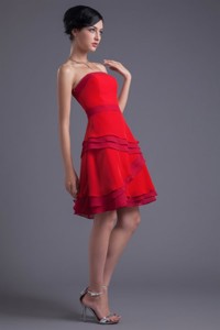 Red Strapless Mini-length Chiffon Ruching Prom Dress