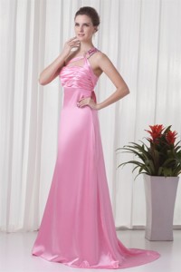 Brand New Column One Shoulder Brush Train Pink Prom Dress With Criss Cross