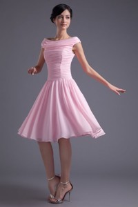 Pink Off The Shoulder Chiffon Knee-length Ruching Prom Dress