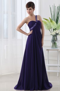 Empire One Shoulder Brush Train Appliques Purple Prom Dress
