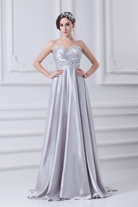 Silver Sweetheart Taffeta Beading Brush Train Prom Dress