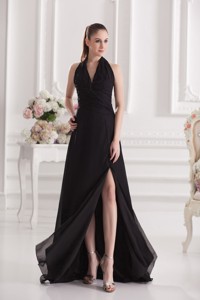 Halter Top Floor-length Chiffon Black High Slit Prom Dress