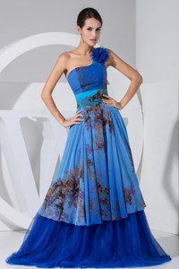 Printing Hand Made Flower Decorate Bodice Blue Tulle Brush Train Prom Dress