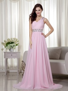 Baby Pink Empire One Shoulder Brush Train Chiffon Beading and Ruch Prom / Celebrity Dress