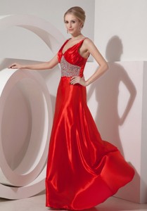 Modest Red V-neck Prom Dress Silk Like Satin Beading Brush Train
