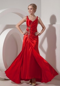 Pretty Red Evening Dress Column Straps Silk Like Satin Beading Floor-length