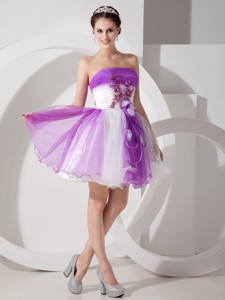 Cute Purple And White Cocktail Dress Strapless Organza Hand Made Flowers Mini-length
