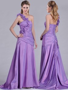 Lovely Brush Train Lilac Prom Dress with Hand Made Flowers Decorated One Shoulder