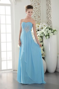 Aqua Blue Empire Sweetheart Brush Train Chiffon Beading and Ruch Prom / Graduation Dress