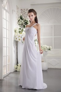 White Empire One Shoulder Brush Train Chiffon Ruch and Appliques Prom / Graduation Dress 