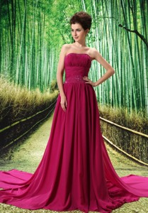 Beading Empire Chiffon Fuchsia Watteau Strapless Prom Dress 