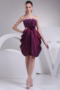 Strapless Pick-ups Burgundy Prom Dress with Handmade Flower and Paillette 