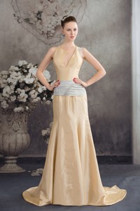 Designer Column Sash Brush Train Prom Dress