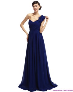 One Shoulder Ruffled Navy Blue Prom Dress With Hand Made Flower