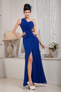 Lovely Royal Blue Empire Evening Dress One Shoulder Chiffon Ruch Ankle-length
