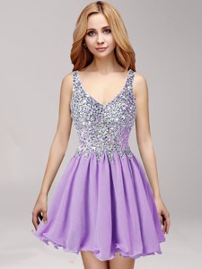 Beautiful Straps Beaded and Ruffled Short Prom Dress in Lilac