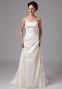 Clasp Handle Spaghetti Straps Brush Train Wedding Dress With Beading ang Ruch For Custom Made In Eva