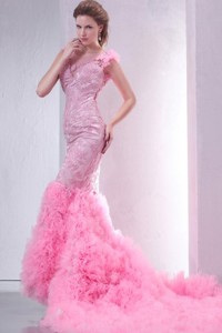 Pink Mermaid V-neck Chapel Train Wedding Dress with Beading 