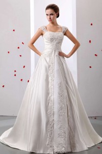 Stylish Straps Lace Decorate Wedding Dress With Ruched Bodice In