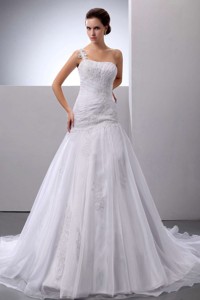 Brand New Wedding Dress With One Shoulder Appliques Court Train Organza 