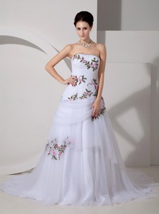 Pretty Strapless Court Train Tulle Appliques And Ruch Wedding Dress