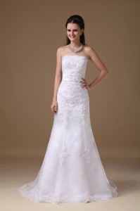 Beautiful Strapless Brush Train Taffeta Lace Wedding Dress