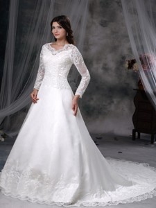 Gorgeous V-neck Chapel Train Satin And Lace Wedding Dress