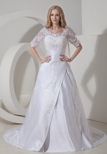 Modest Scoop Chapel Train Satin Lace Wedding Dress
