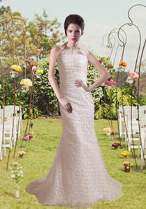 Sexy Lace Halter Hand Made Flower Wedding Dress Brush Train