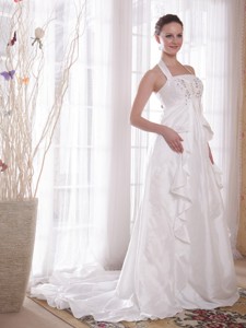White Princess Halter Brush Ttrain Taffeta Rhinestones Wedding Dress