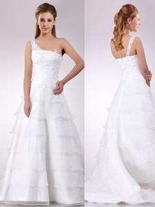 Top Selling One Shoulder Beaded and Ruffled Layered Zipper Up Wedding Dress with Brush Train 