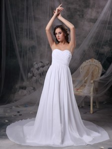 White Empire Sweetheart Court Train Chiffon Ruch Wedding Dress 
