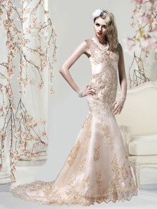 Gorgeous Champagne Mermaid V Neck Embroidery Wedding Dress