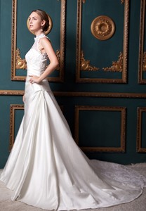 Modest High-neck Chapel Train Taffeta Lace Wedding Dress