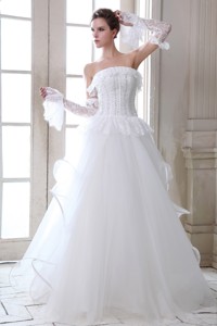 Sweet Strapless Floor-length Tulle Beading And Appliques Wedding Dress