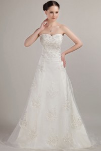 Classical Princess Strapless Court Train Tulle Beading And Embroidery Wedding Dress