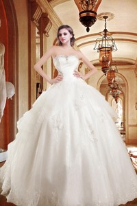 On Sale Appliques Strapless Chapel Train Wedding Dress With Beading