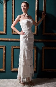 New Arrival Column Strapless Tea-length Special Fabric Beading and Lace Wedding Dress 