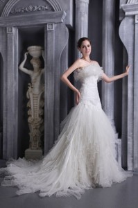 White Mermaid Strapless Court Train Organza Appliques Wedding Dress 