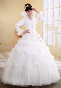 Ball Gown High-neck Neckline Long Sleeves Wedding Dress With Imitated Feather Organza and Tulle In B