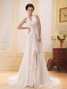 Beautiful Halter Appliques Wedding Dress With Brush Train For Custom Made 