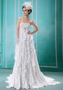 Custom Made Strapless Column Ruffles Best Wedding Dress With Beading And Ruch
